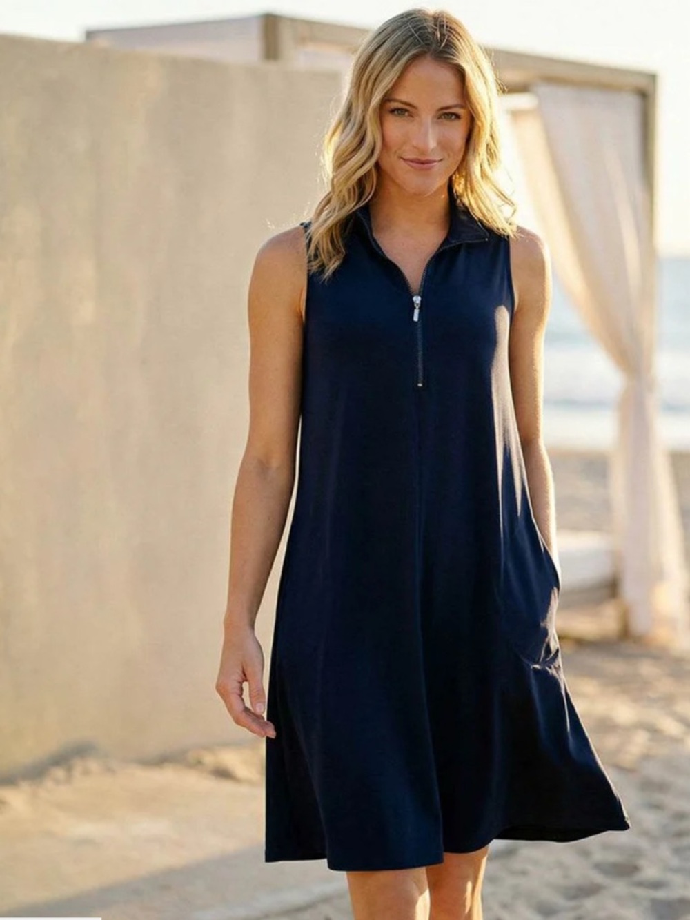 Karen Kane Navy Sleeveless Zip-Front A-Line Dress